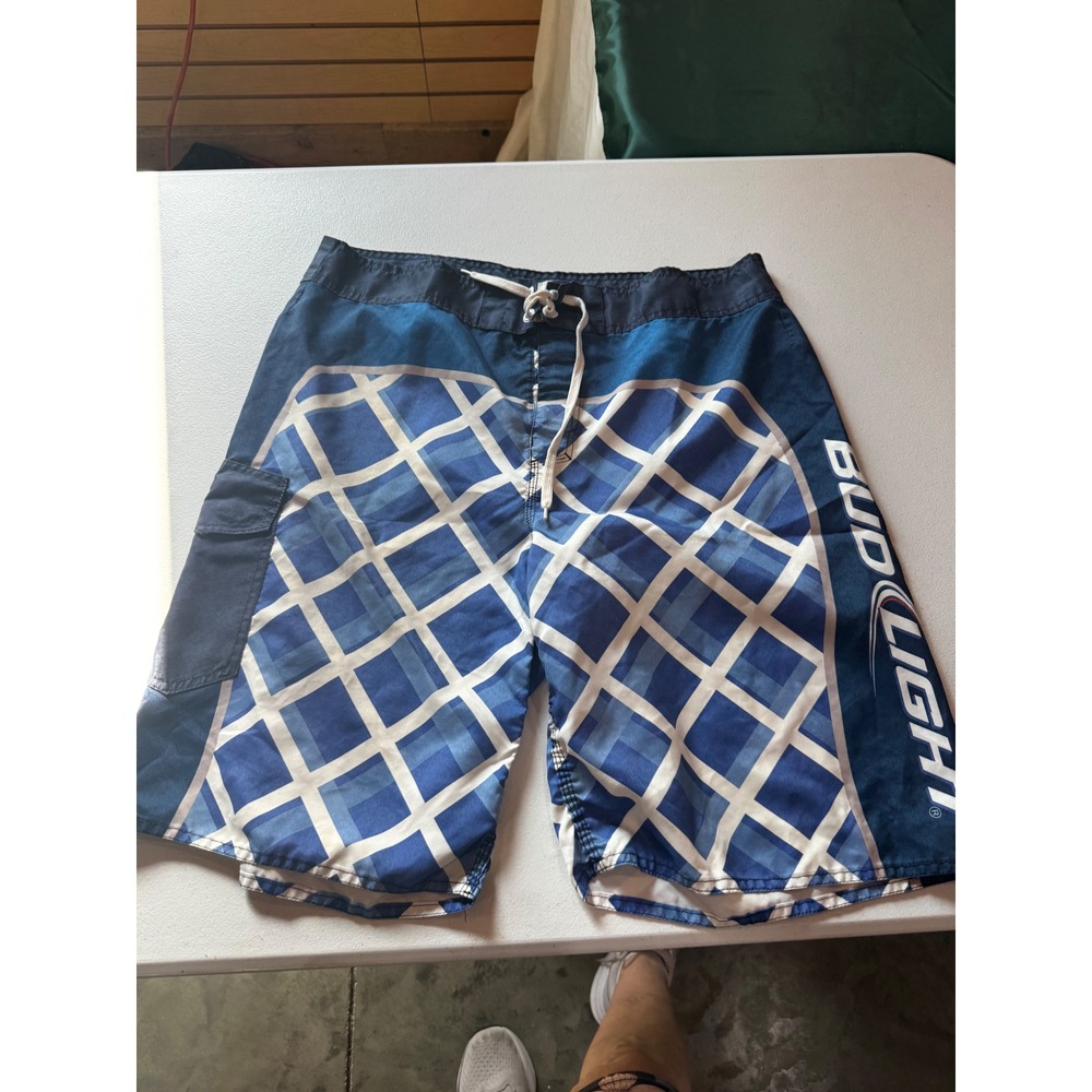 Bud Light Board Shorts Mens 36 Blue White Grid Swim Trunks Anheuser Busch Logo